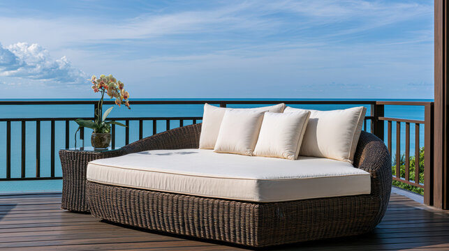 Wicker daybed white cushion outdoor pillow wooden deck ocean view blue sky peaceful tropical open air flower pot