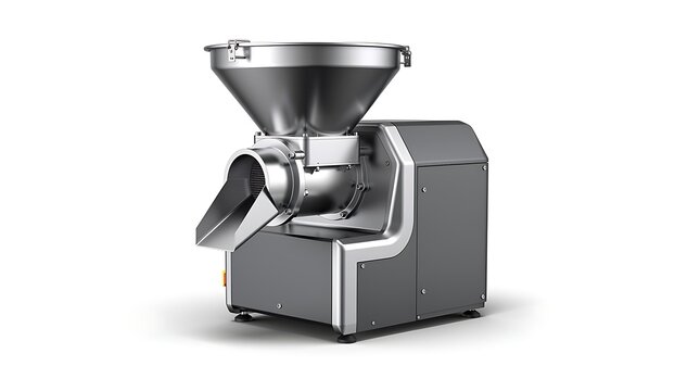A professional stainless steel meat grinder stands against a clean white background.
