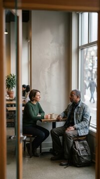 Supportive conversation between two individuals in a caf&eacute; setting for mental health awareness