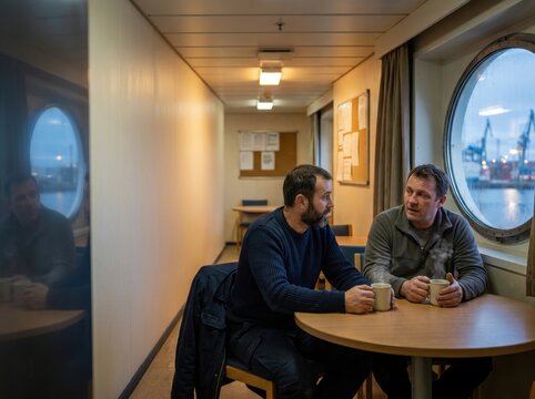 Two men sharing coffee in a cozy space, focusing on mental health support