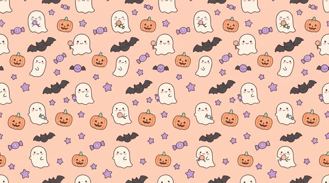 Cute halloween seamless pattern with ghosts, pumpkins, bats, and candies on a soft peach background