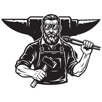 Vintage Blacksmith Logo Design with Anvil and Hammer.