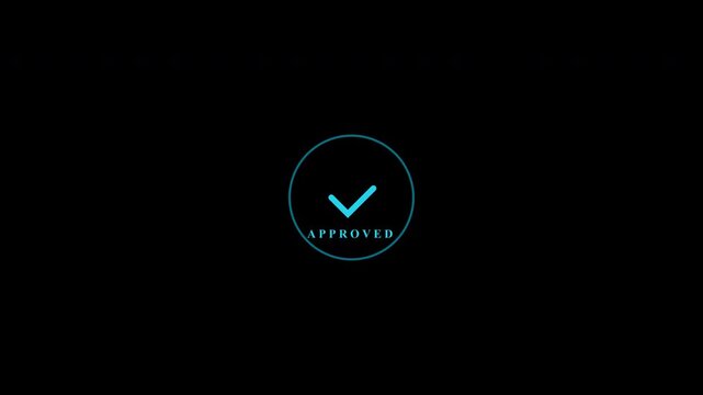 Glowing neon blue checkmark icon with approved text on alpha channel transparent background