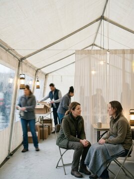 Women engaged in supportive conversation at mental health awareness event