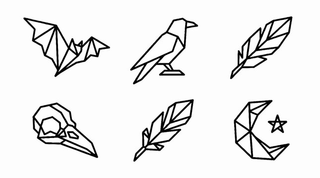 Set of six geometric line art icons featuring mystical and natural elements.