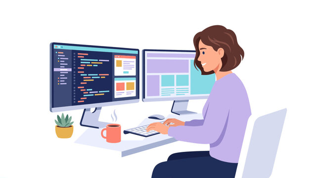 A female programmer or web developer working at a desk with two computer monitors, one showing code and the other a website layout, with a coffee cup and plant.