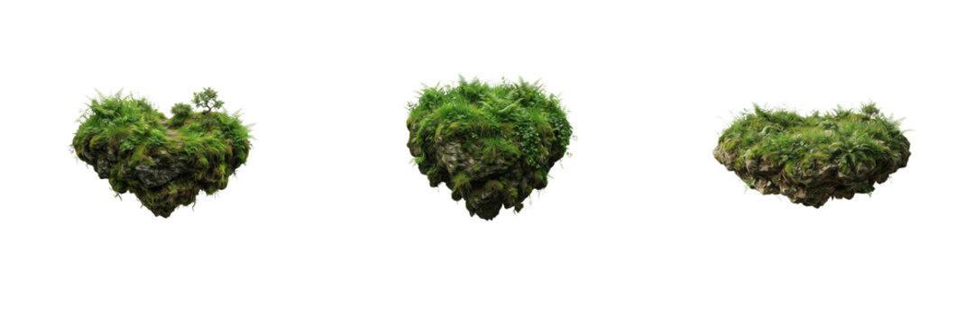 Set of flying heart shaped islands isolated on white background featuring fantasy floating land masses with green grass for love eco nature concept graphic design element