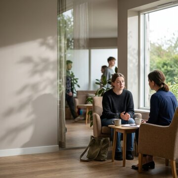 Supportive conversation between two women in a cozy indoor setting for mental health