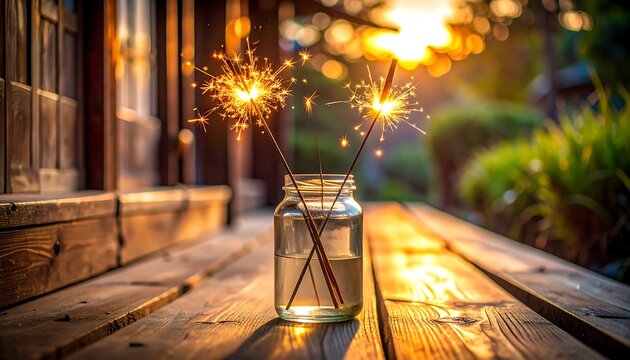 Glowing Sparklers in a Glass Jar on a Wooden Porch at Sunset