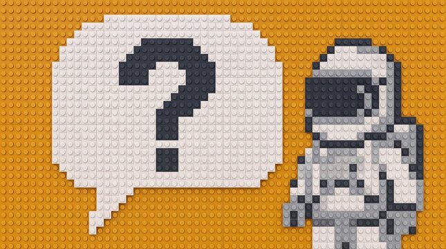 Pixel Art Astronaut with Question Mark Speech Bubble in Brick Mosaic Style