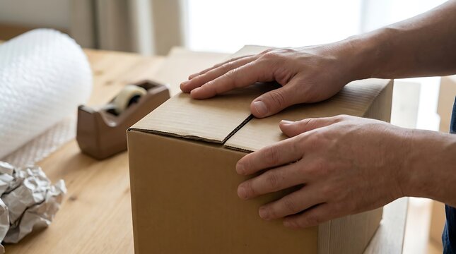 Un hombre cerrando una caja de cart&oacute;n en su casa para una mudanza o env&iacute;o de paquetes con cuidado