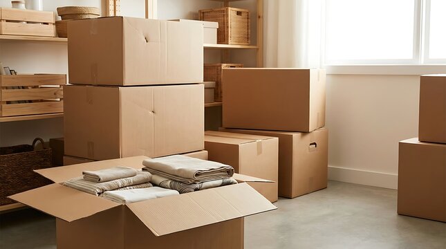 Caja de cart&oacute;n con textiles doblados en una habitaci&oacute;n iluminada durante mudanza