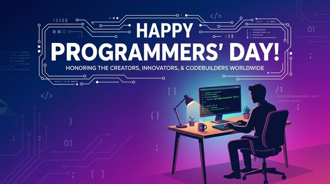 A digital illustration celebrating Programmers' Day featuring a person working on a computer against a purple neon tech-themed background with circuitry patterns and glowing code elements.