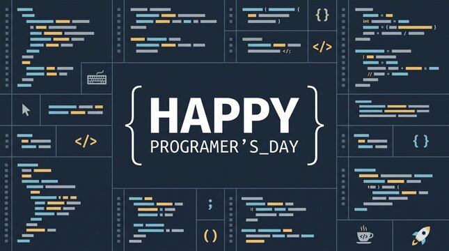 A festive design celebrating Programmer's Day featuring a central text block surrounded by various programming code snippets, syntax highlighted segments, and web development symbols on a dark