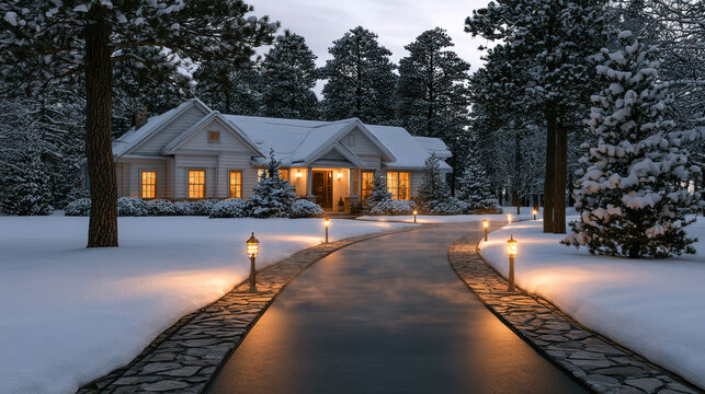 Cozy winter house heated driveway snow pine tree evening warm light lantern stone path forest peaceful