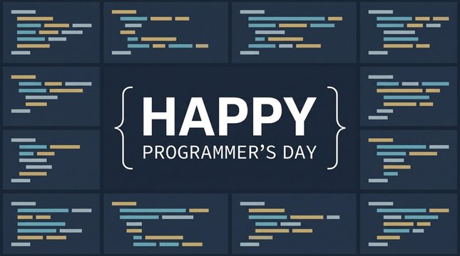 Happy Programmer's Day greeting card design featuring central bold typography surrounded by diverse snippets of programming source code on a dark blue background