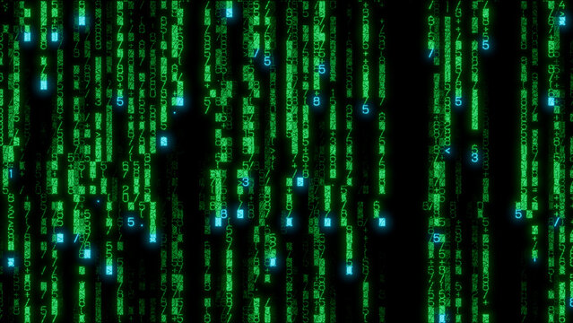 Dynamic abstract composition of interconnected green and blue lines with varying thickness on a deep black background, ideal for technology themes, digital art, and graphic design projects.