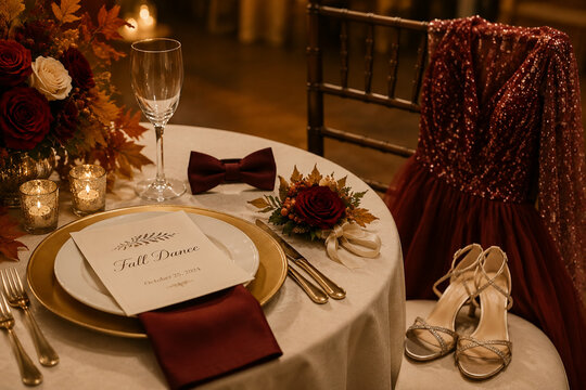Formal dinner place setting with corsage, bow tie, high heels and dress, fall dance preparation concept