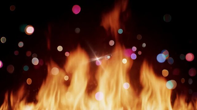 Fiery explosions with colorful bokeh lights during a dark night for celebration concepts