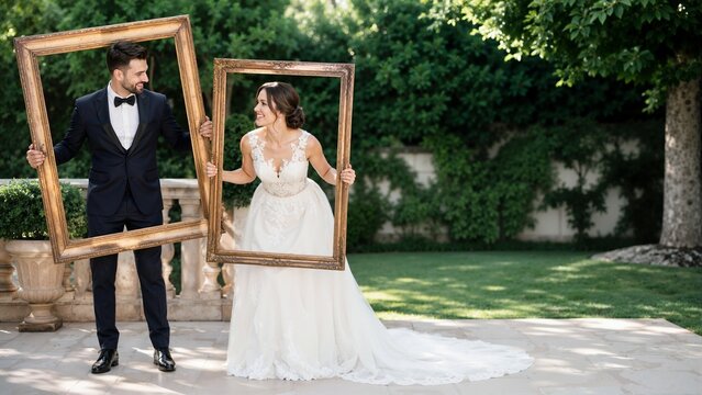 Bride and groom holding large vintage picture frames outdoors. Newlyweds posing with ornate gold frames in garden setting