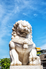 Fototapeta premium Lion Guard at Chinatown Gate and Buddhist temple Wat Traimit in historic district Bangkok