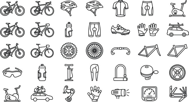 Cycling lifestyle and bicycle accessories icons set including exercise bikes pump apparel maintenance tools and travel racks vector
