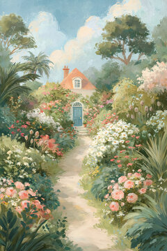 Serene cottagecore scene depicting a quaint home with a path through a vibrant garden, blooming with various colorful flowers under a cloudy sky
