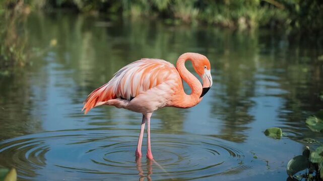 Flamingo wading in shallow water during soft morning light with reeds in background