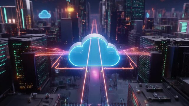 Futuristic city infrastructure with glowing cloud data streams during a neon night
