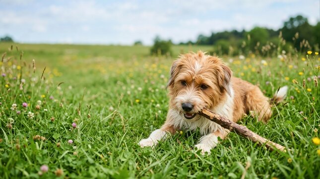 Scruffy dog chewing on a wooden stick in a grassy meadow. Terrier mix lying down in field with wildflowers. Outdoor pet playing concept