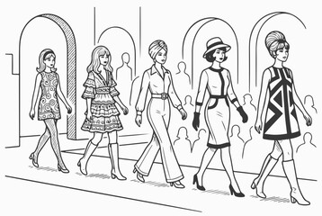 Obraz premium Retro fashion models walking on runway. Vintage 60s women clothing line art isolated on white background