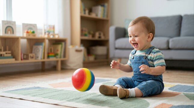 Baby laughing while playing with bouncing rainbow ball. Happy infant sitting on rug at home