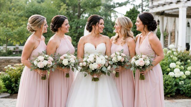 Bride standing with four bridesmaids in blush pink dresses outdoors. Group of women holding floral bouquets and smiling together at a wedding venue