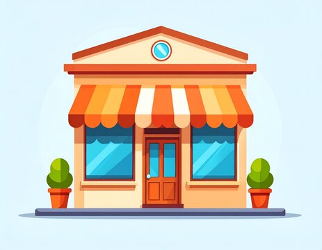 Simple vector shop storefront with orange striped awning.