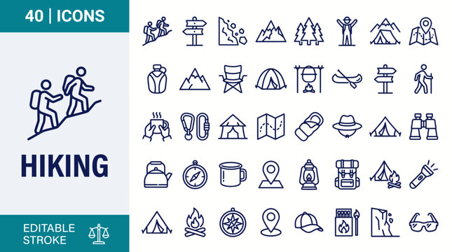 Hiking icons set. Includes Hiking, adventure, outdoor, mountain, nature, camping and more. Vector illustration with editable strokes