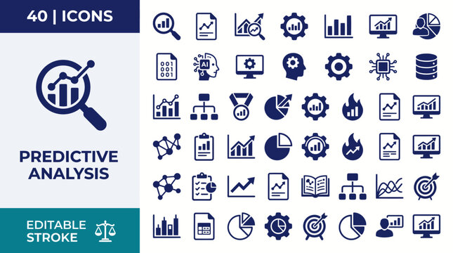 Predictive analytics icon set. Includes forecast, model, algorithm, trends, data, insights, pattern, analytics, future, probability and more. Outline icon set. Vector illustration with editable stroke