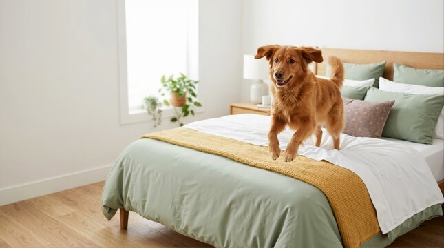 Golden retriever mix dog jumping mid-air onto a bed in a bright bedroom. Active pet playing indoors