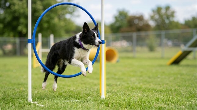 Border collie dog leaping through a blue hoop at an outdoor agility course. Pet obstacle course training session
