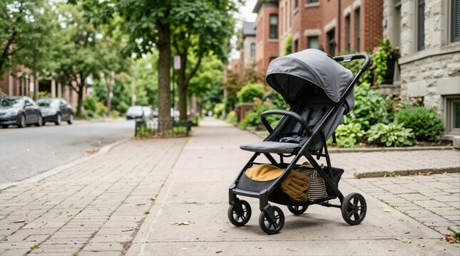 Empty grey baby stroller parked on a sidewalk. Modern pushchair in an urban residential neighborhood