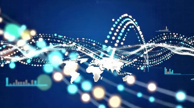 Global digital data streams flowing across world maps with futuristic blue light pulses