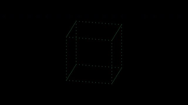 Green ASCII wireframe cubes rotating on a transparent background for technology overlays