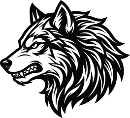 Fototapeta premium Aggressive wolf head mascot vector logo illustration in black and white stylized graphic design.