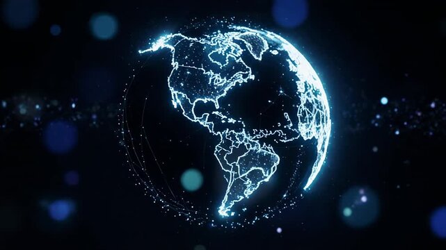 Global network of digital data streams rotating against a bokeh background during a futuristic network concept