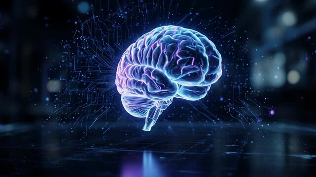 Glowing digital brain rotating with particles in dark futuristic technology background