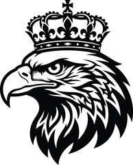 Fototapeta premium Black and white regal eagle head illustration crowned with a majestic royal king crown for crest logo design.