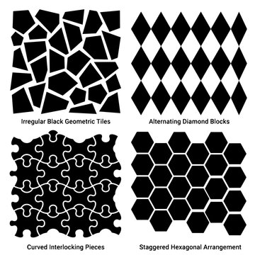 Four distinct black and white geometric patterns featuring irregular tiles, alternating diamonds, interlocking pieces and hexagons
