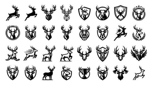 Collection of black and white deer head emblems and crests with athletic and heraldic style reindeer collection illustration wildlife athletic heraldic portrait minimalist isolated