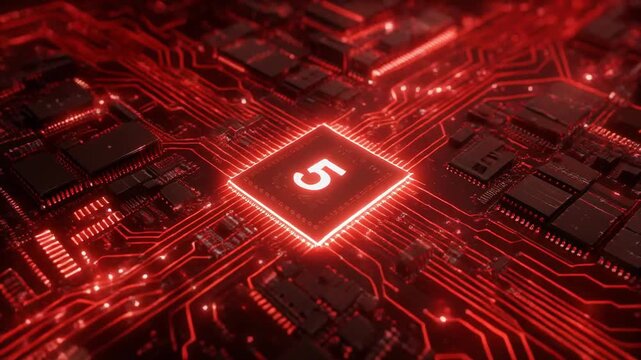 Glowing red microchip with circuit board pathways in dark futuristic environment