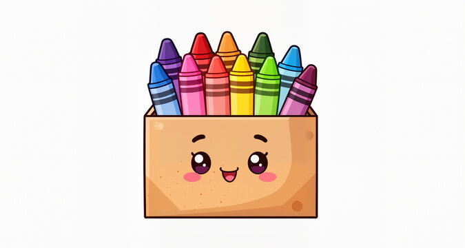 Cute Box of Colorful Crayons Cartoon Illustration Isolated on White
