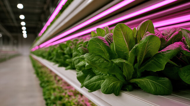 Vertical farm indoor agriculture hydroponic lettuce green leafy vegetable pink LED light modern technology sustainable food healthy